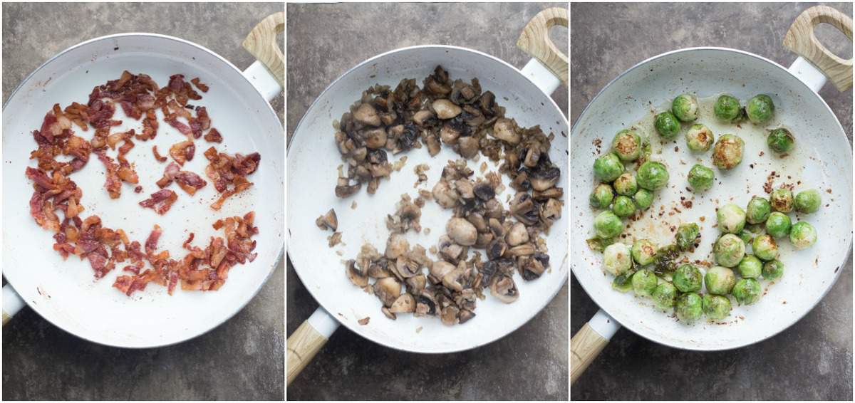 Step by step collage tutorial on how to saute bacon, mushrooms and brussels sprouts.