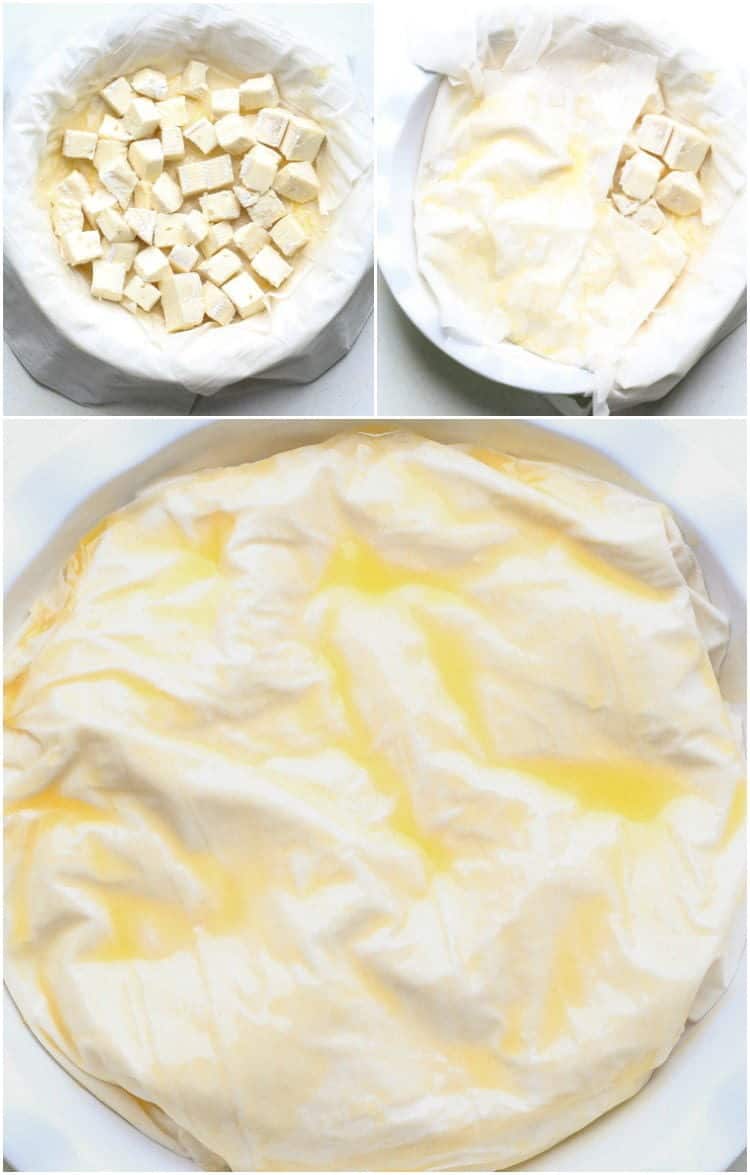 Step-by-step photos of how to make fillo (phyllo) dough with brie cheese.