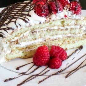 layered cake with raspberries