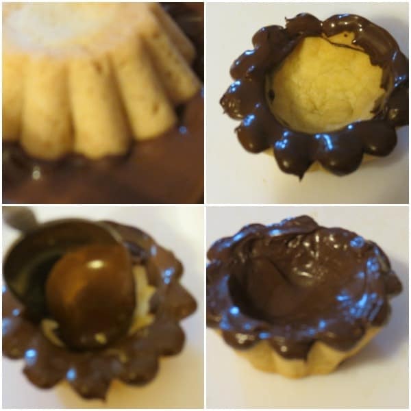 How to dip mini tarts into the chocolate ganache.