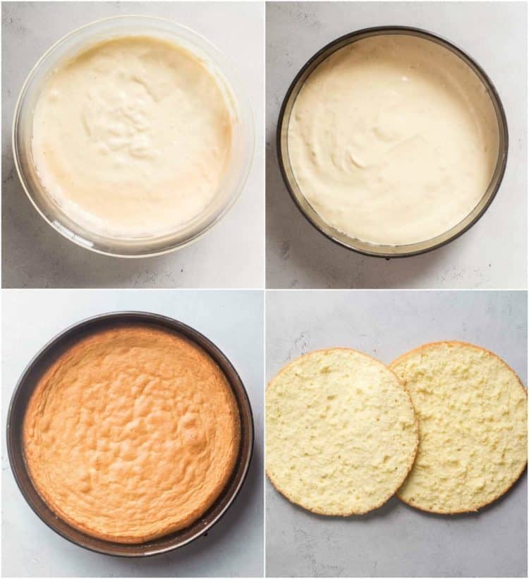 Step by step collage on how to make sponge cake layers for this simple coconut cake recipe.