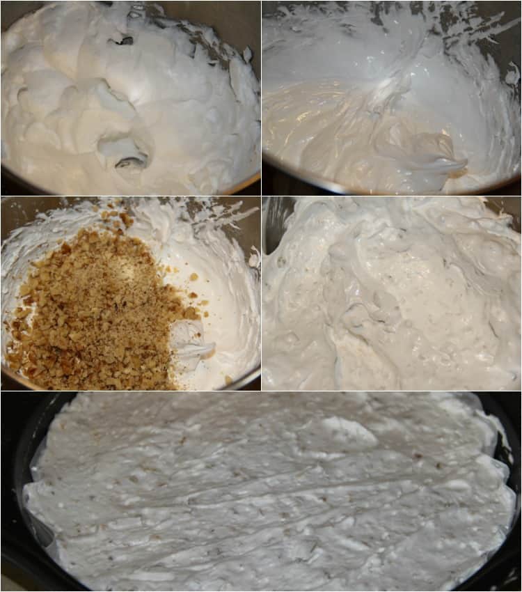 Step by step photo collage how to make walnut meringue cake layers.