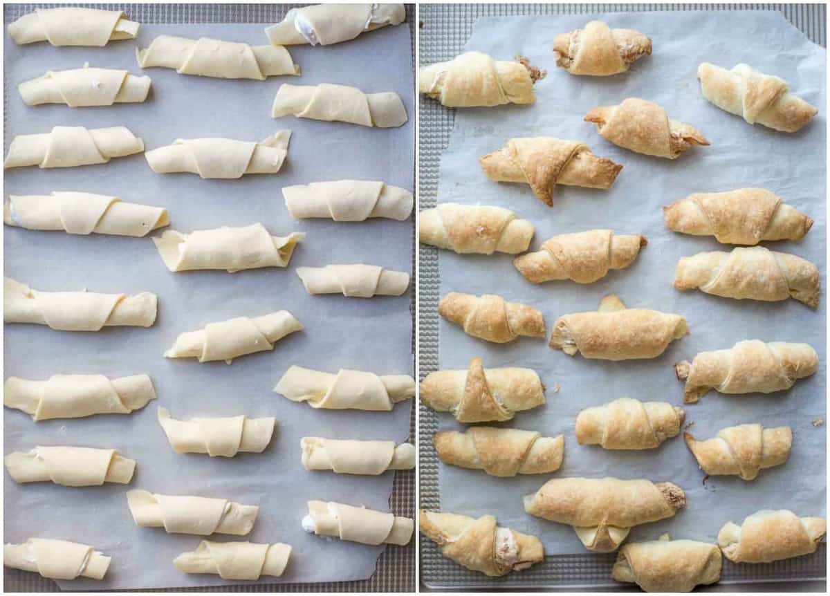 Step by step collage on how to bake rugelach cookies on a baking sheet. 