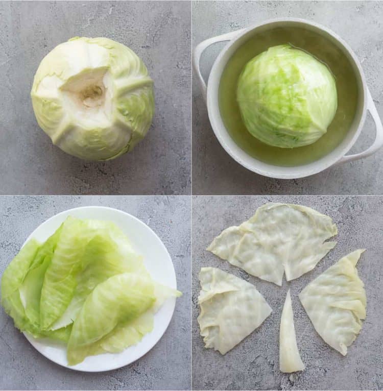 Collage how to cook and prepare the cabbage for stuffed cabbage rolls recipe.