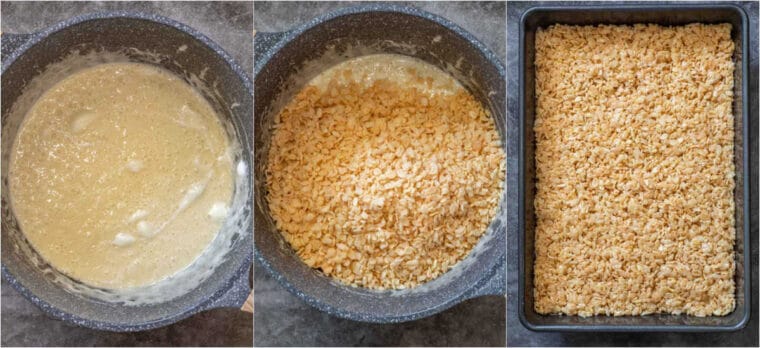 Step by step collage of how to make homemade Rice Krispie treats. 