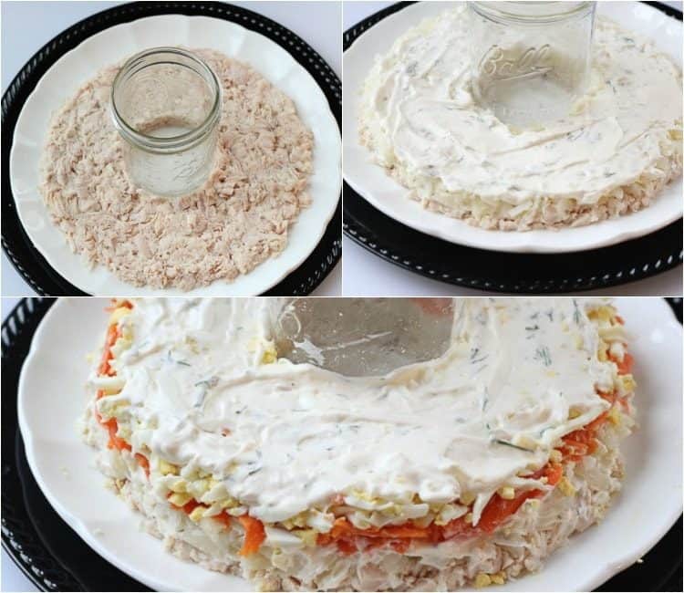 How to assemble layered chicken salad with layers of chicken, dressing and other vegetables. 