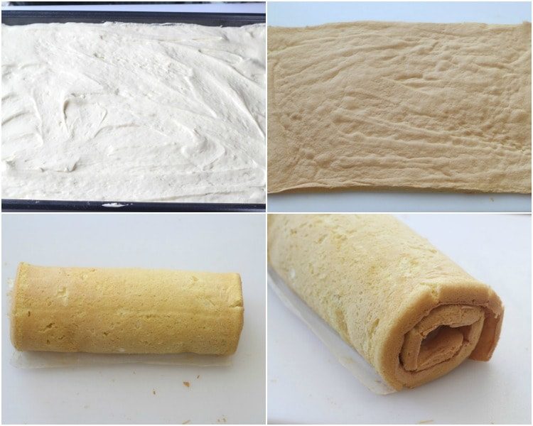 Step by step collage on how to make sponge cake and roll it up into a roulade.