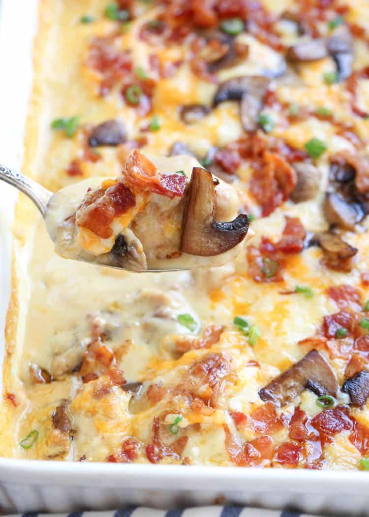 Chicken with mushrooms and bacon in a spoon.