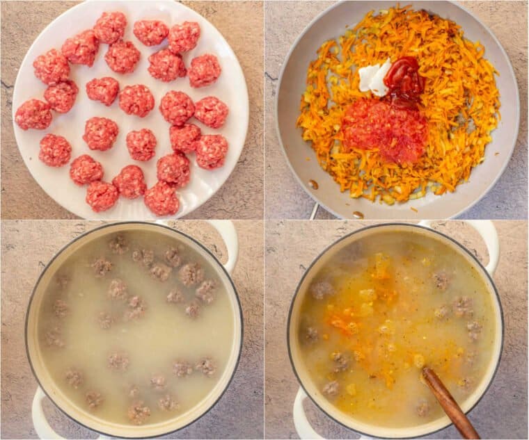 Step by step collage of how to make homemade meatball rice soup. 
