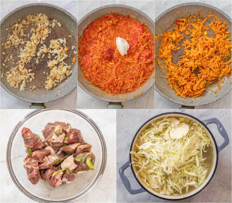 Step by step collage of how to make homemade beef and cabbage soup that is packed with flavors! 