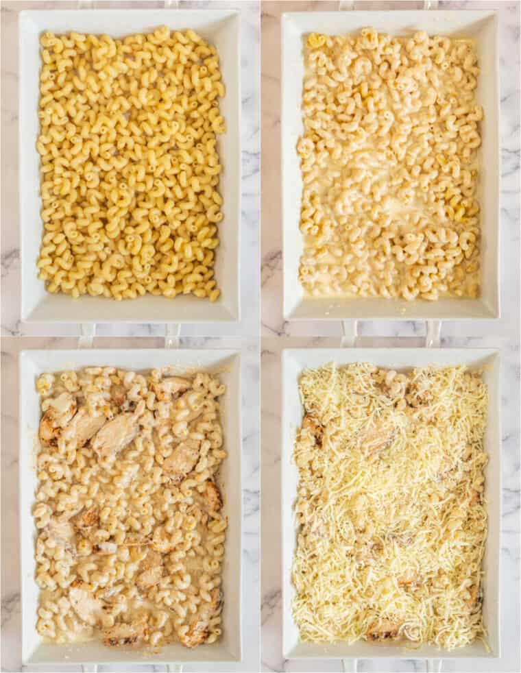 Step by step collage of how to make homemade chicken Alfredo bake in a baking dish. 