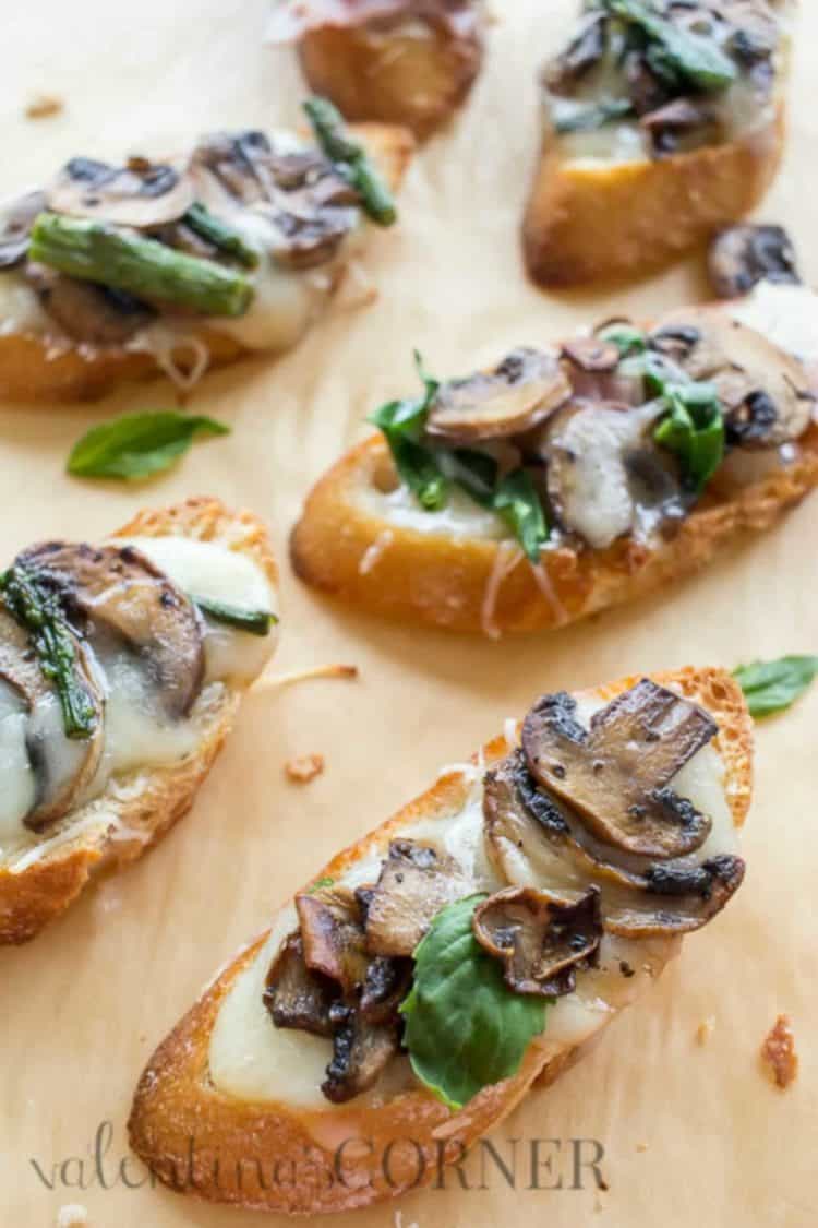 Simple brie mushroom canapes topped with either asparagus or ham.