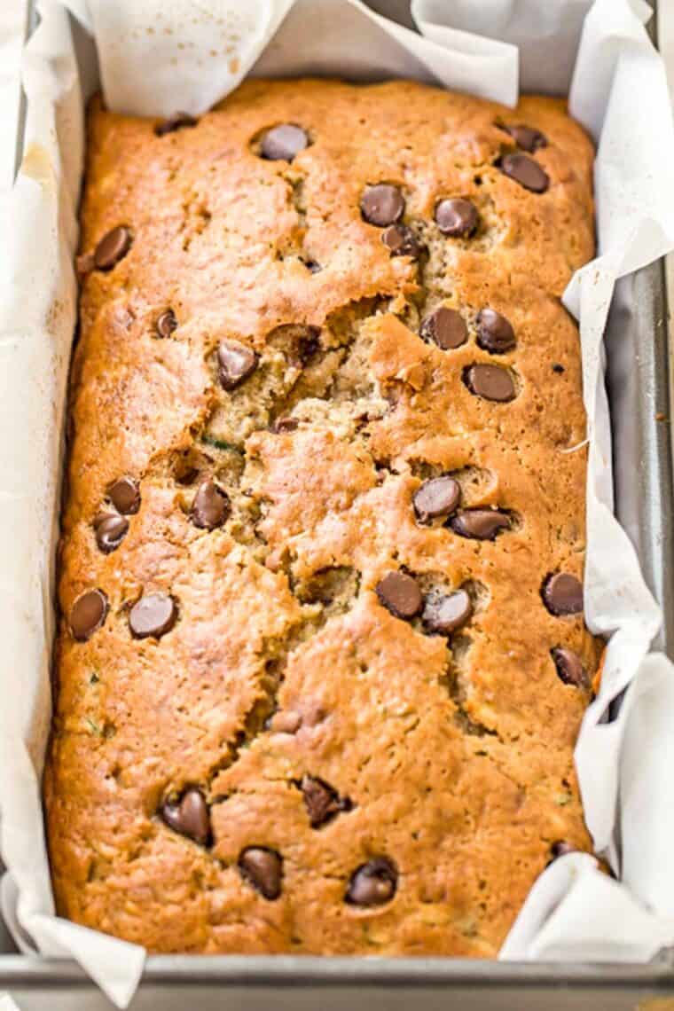 A zucchini banana bread loaf in a bread loaf. 