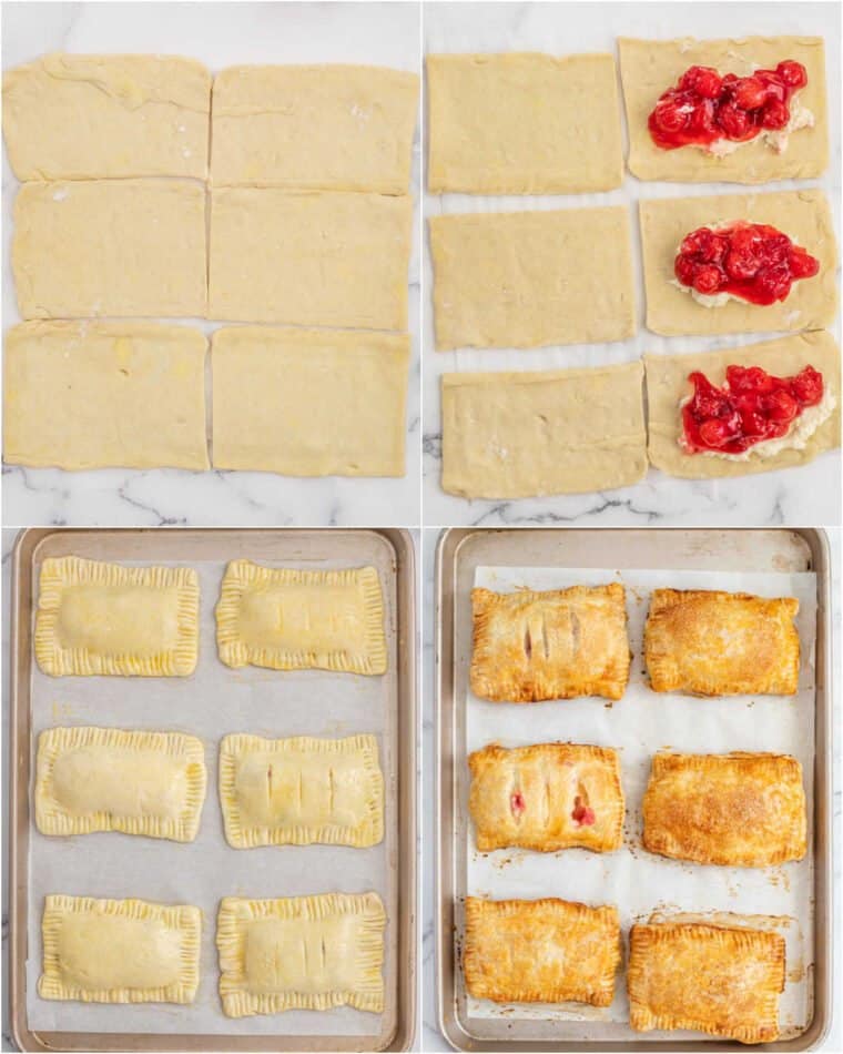 Step by step collage of how to make homemade cherry hand pies. 