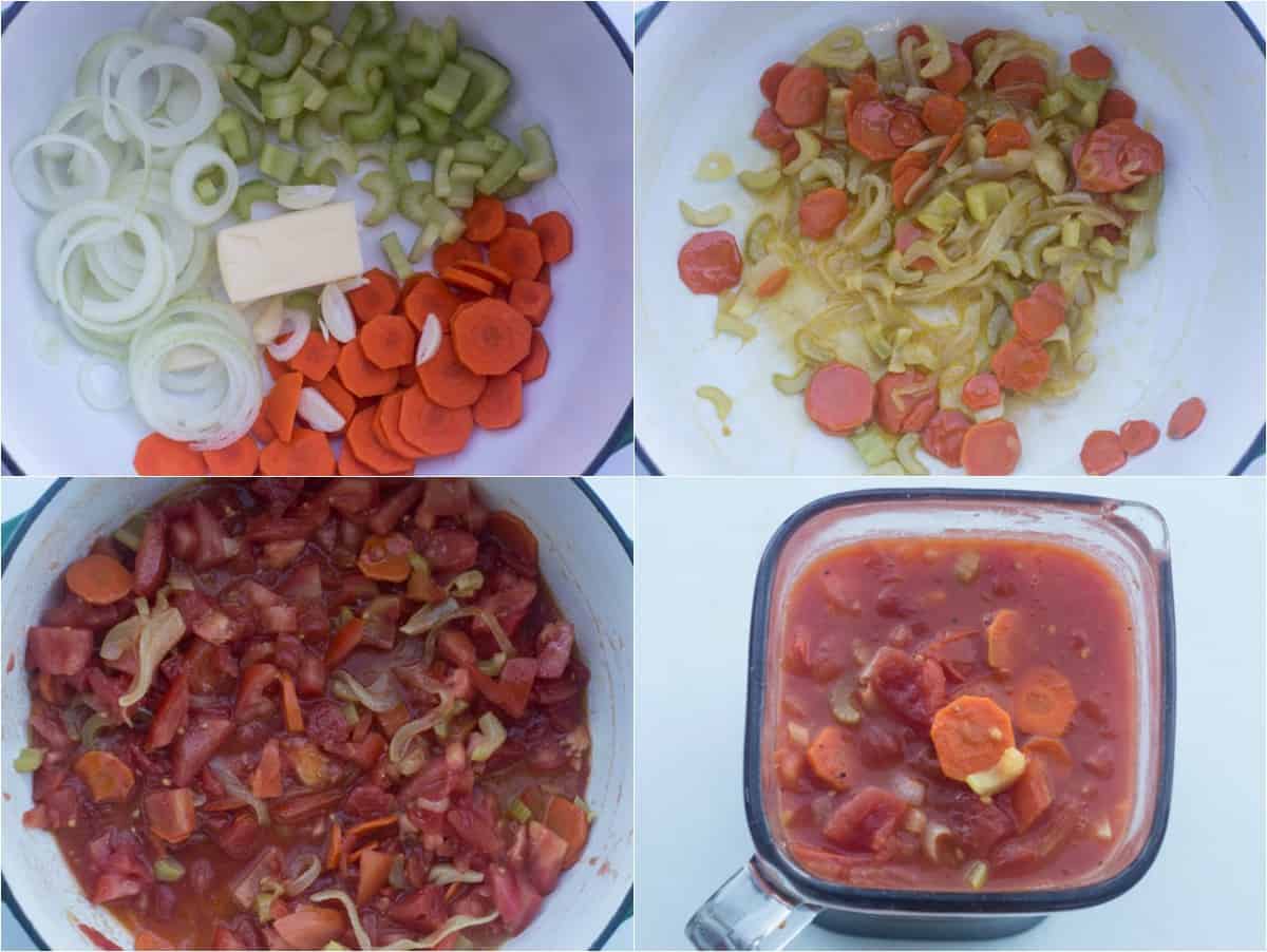 Step by step collage on how to make a creamy tomato soup recipe. 
