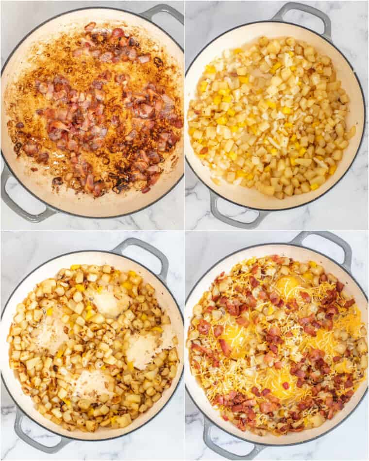 Step by step collage of how to make a homemade breakfast skillet. 