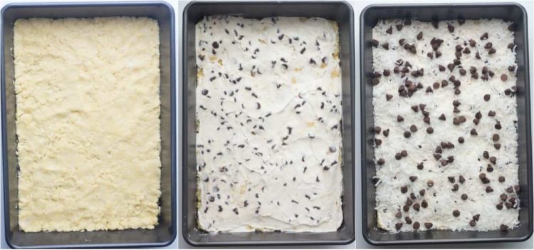 Step by step collage for how to make homemade cake mix cookie bars. 