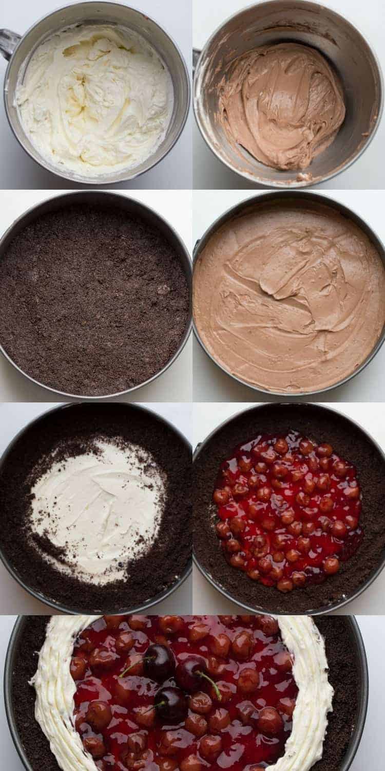 Step by step tutorial collage with how to prepare black forest cake. 