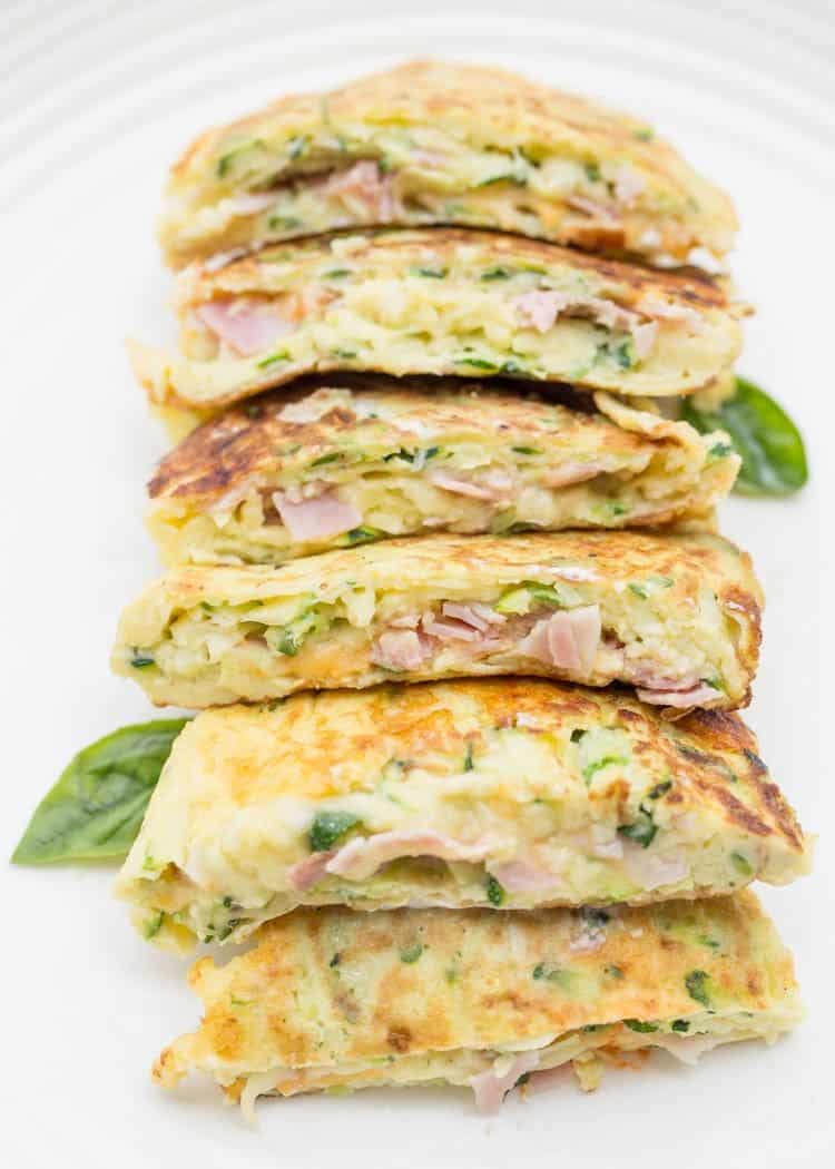 Breakfast zucchini pancakes I stacked on top of each other, cut in halves. Stuffed with ham and cheese.