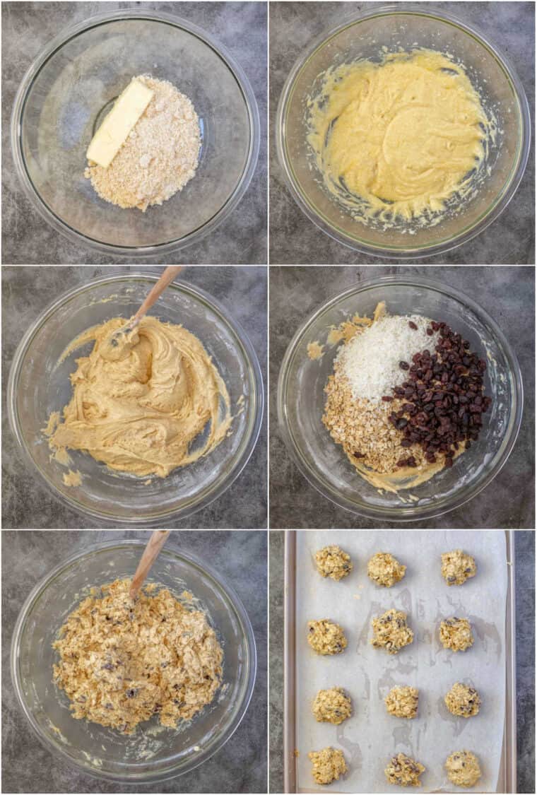 Step by step collage of how to make homemade oatmeal raisin cookies.