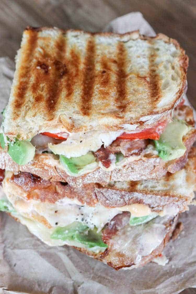 Chicken panini cut and stack on top of each other. 