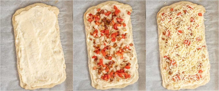 Step by step collage of how to make chicken Alfredo flatbread. 