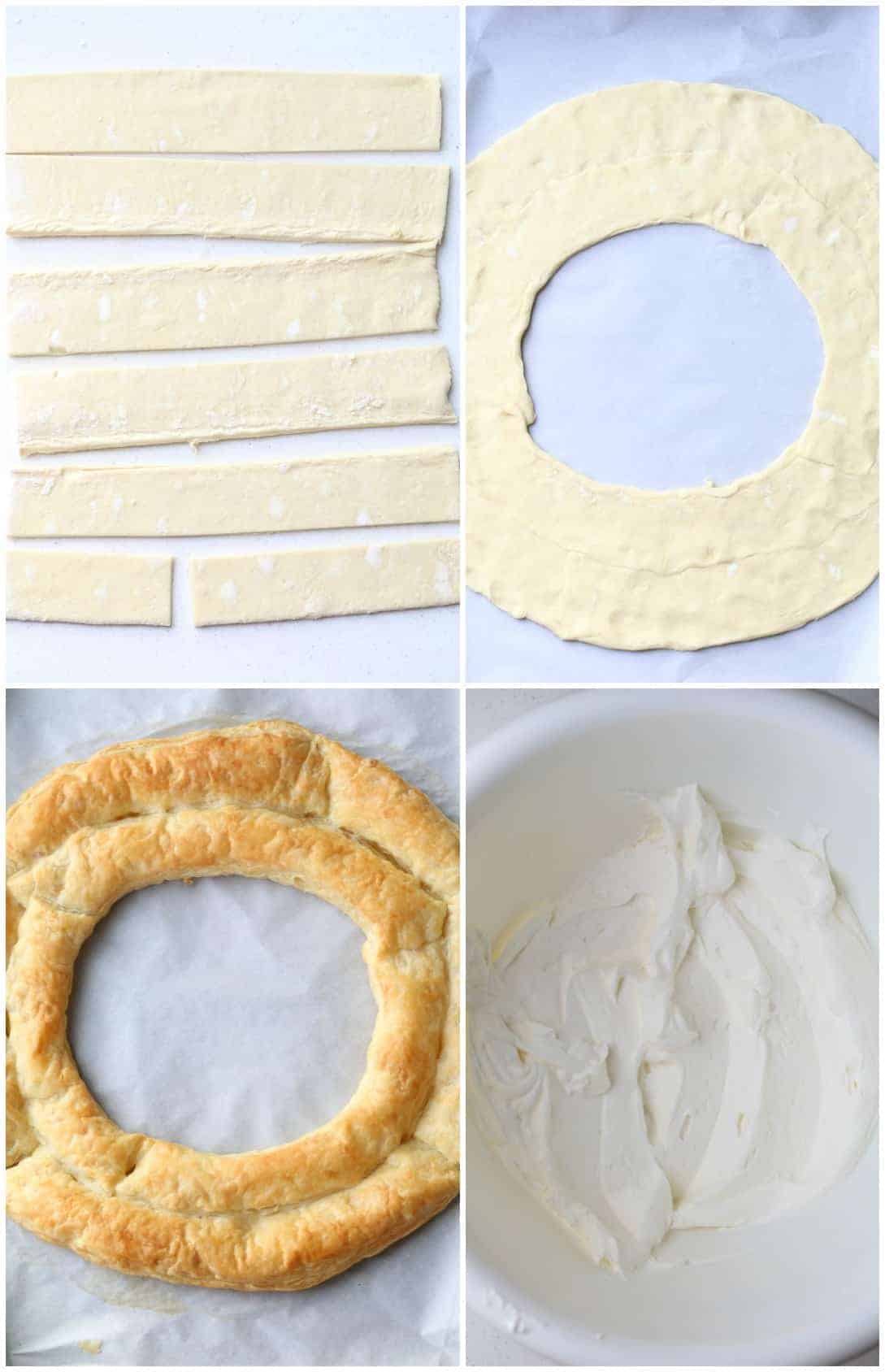 Step-by-step photos how to make puff pastry wreath and cream.