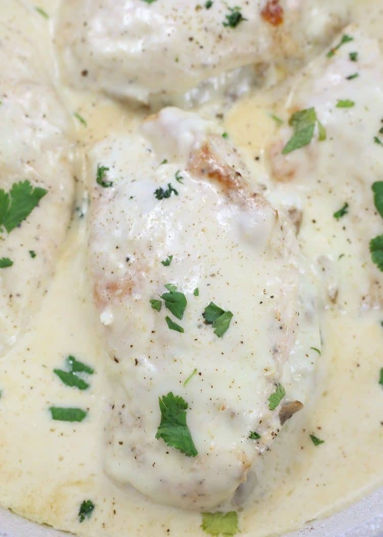 Chicken breast stuffed with sautéed mushrooms, onions and cheese in a creamy Alfredo sauce.
