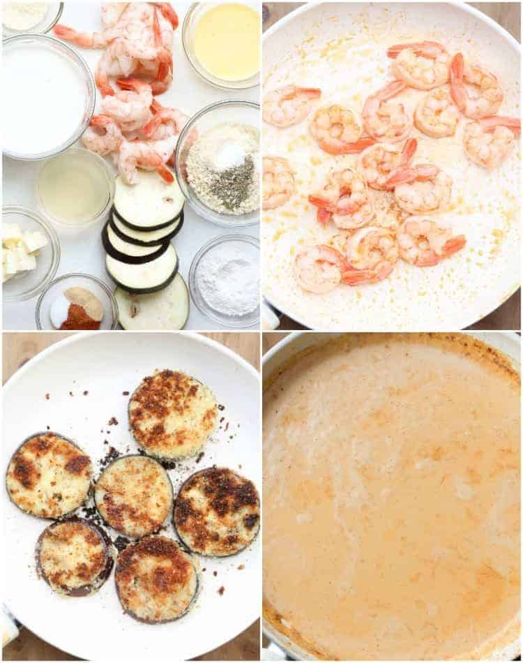 Step by step pictures collage how to make fried eggplant with shrimp in creamy sauce.