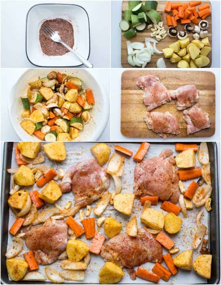 Step by step photos how to make one pan chicken and potatoes.