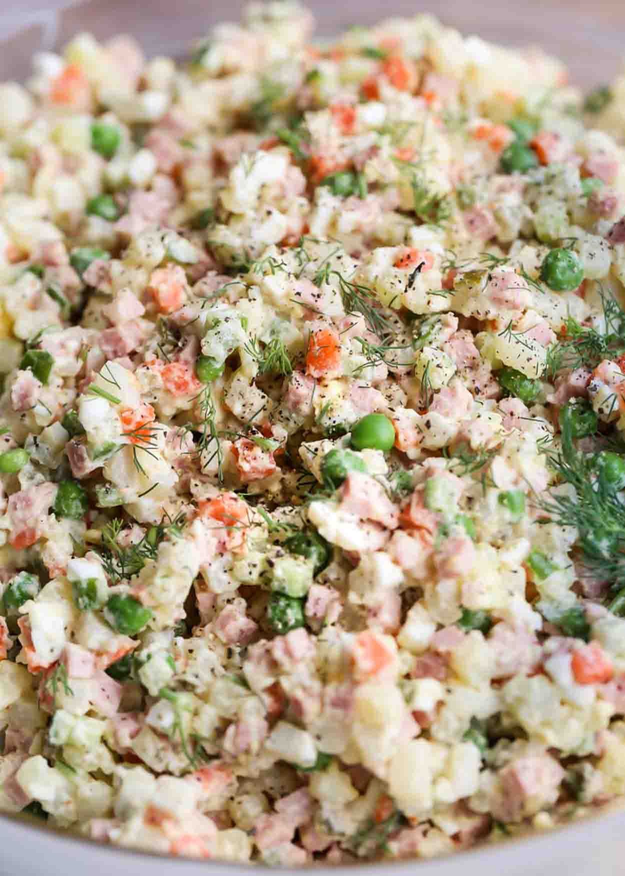 Close up picture of Olivier Salad Recipe (Russian Potato Salad).