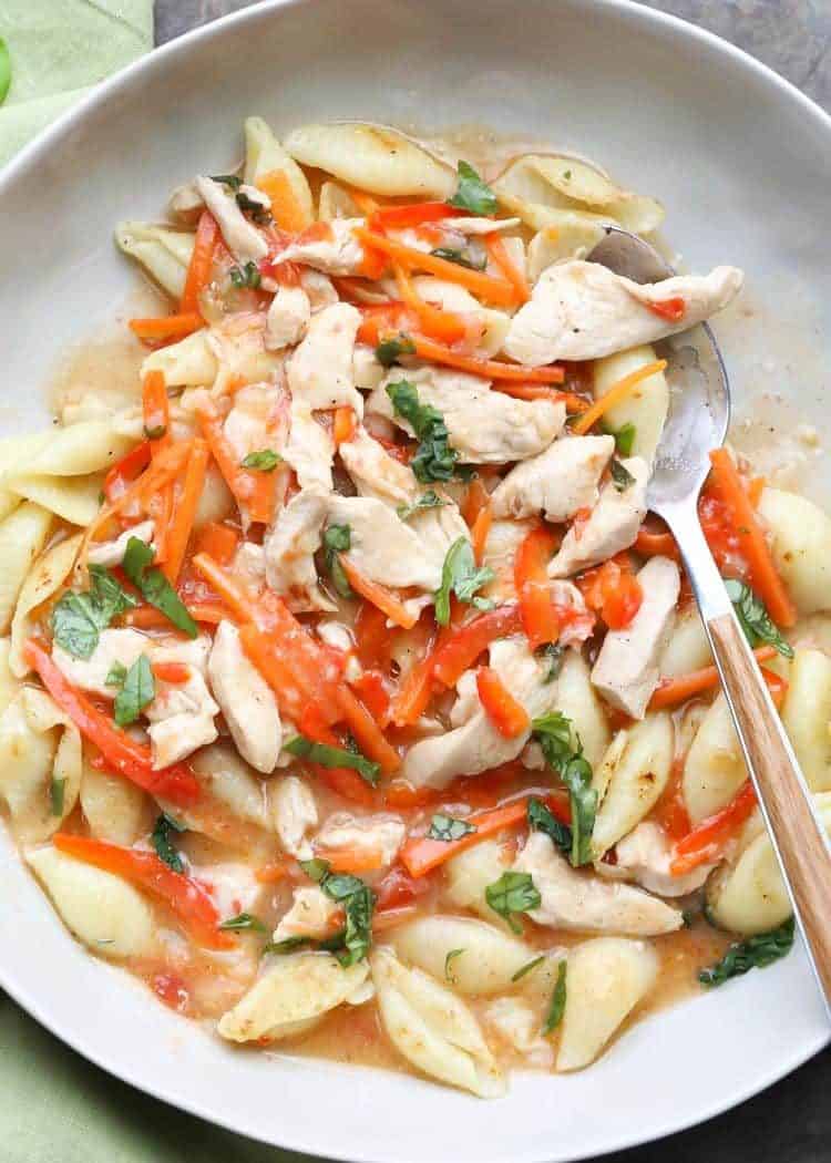 Vegetable Chicken gravy with Shells Pasta in a bowl.
