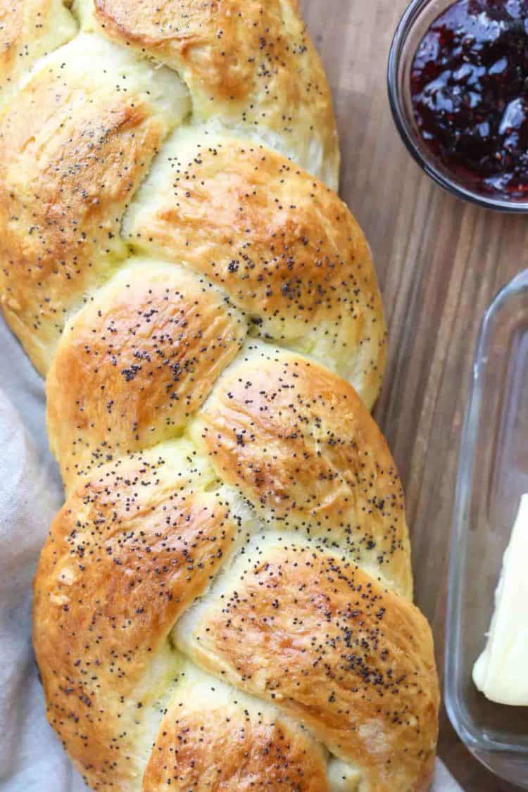 Braided bread recipe with jam, butter and milk.