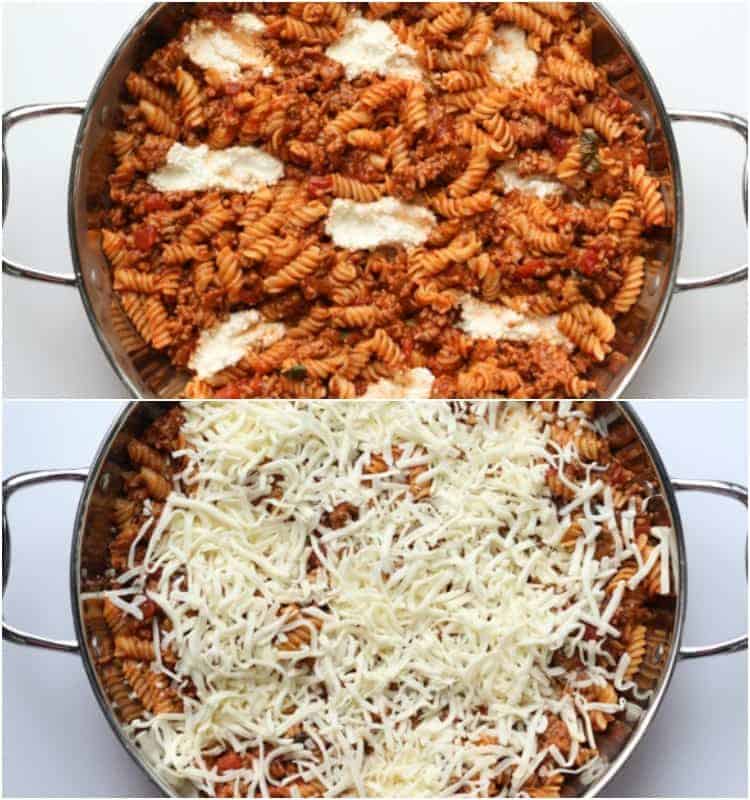 Ricotta cheese and mozzarella cheese to pasta recipe.