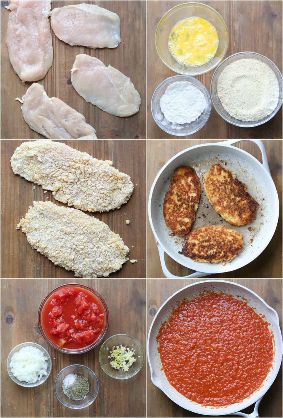Step by step collage on how to make chicken parmesan recipe! 