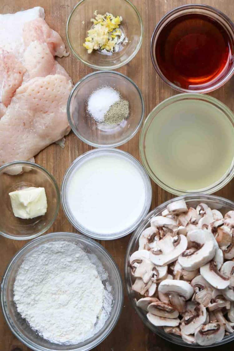 Ingredients for chicken marsala recipe.