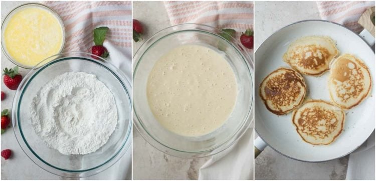 Step by step collage on how to make pancake mix and cooking the pancakes.