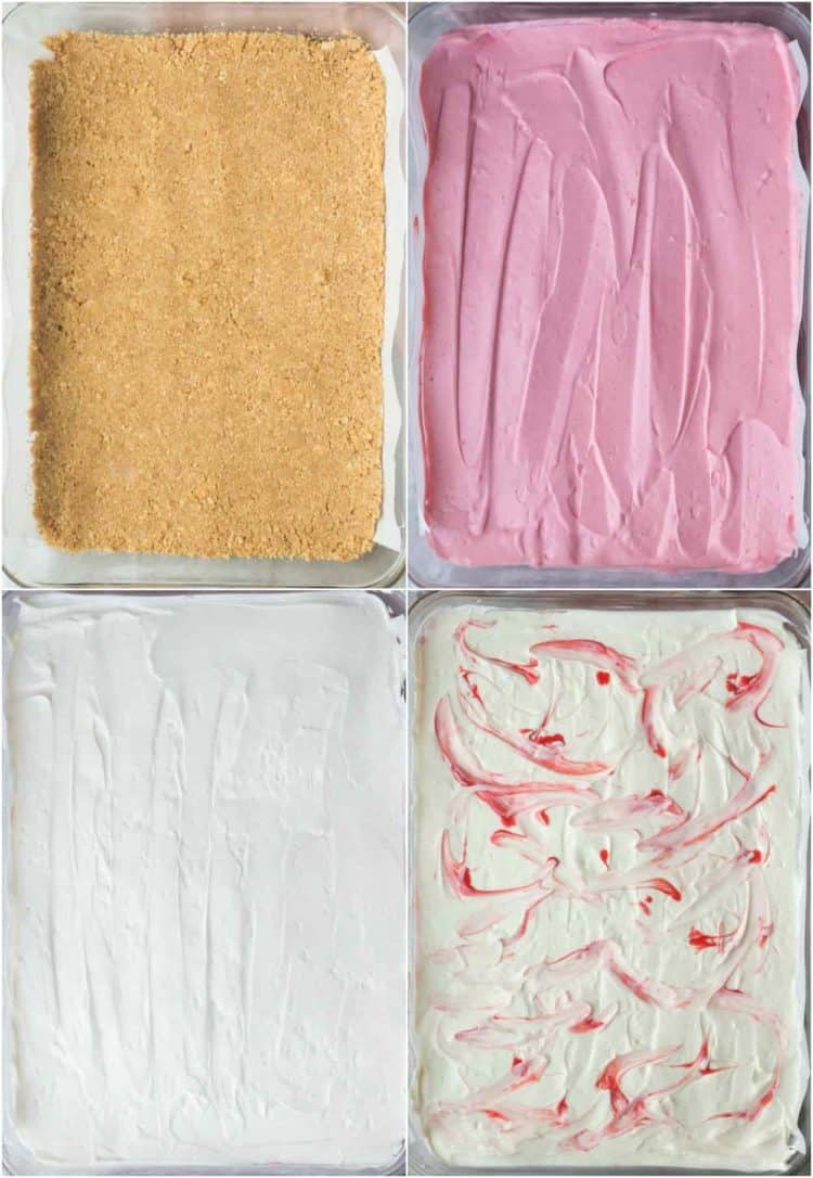 How to make this layered raspberry no bake cheesecake bars.