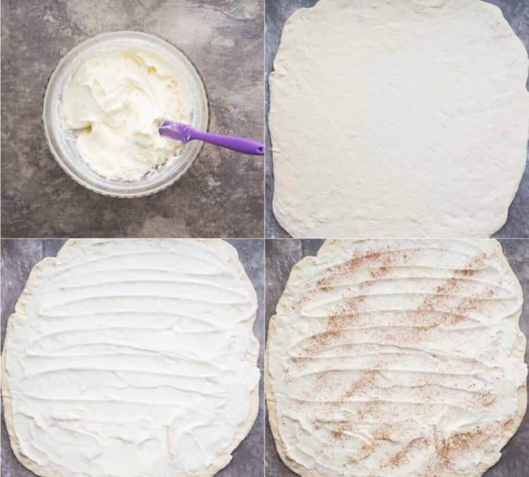 How to prepare and spread the cream cheese in cinnamon rolls.