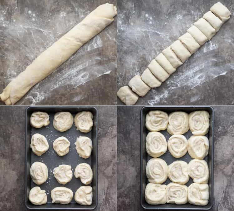 Step-by-step instructions how to prepare roll and cut cinnamon rolls.