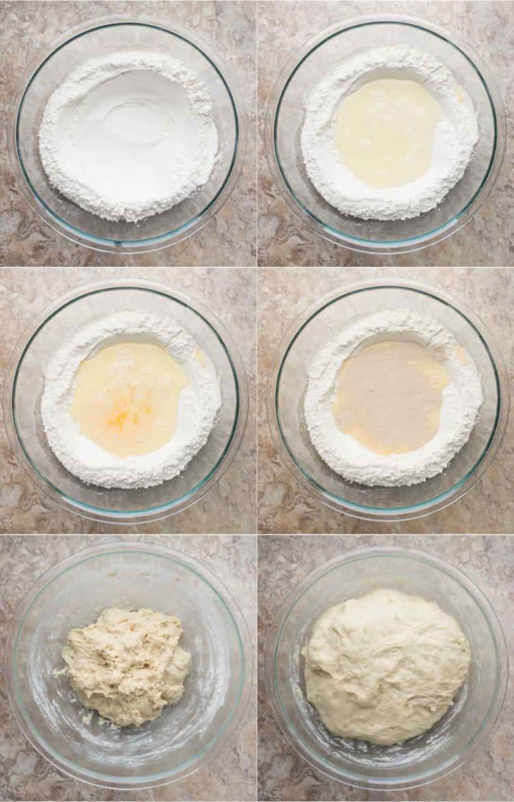 Step by step collage on how to make the dough for homemade dinner rolls.