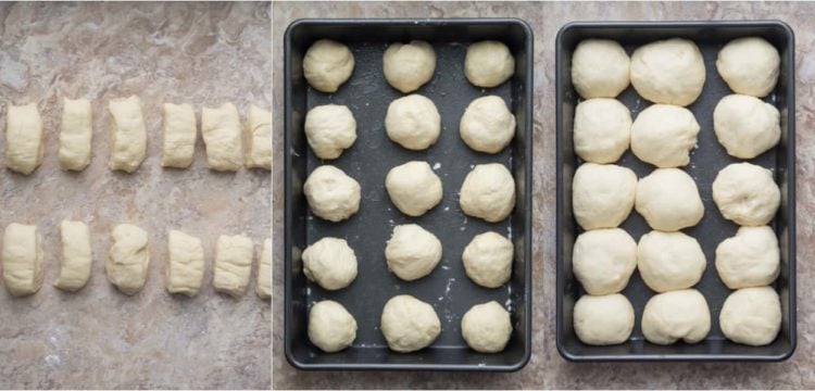 Step by step collage on how to form dinner rolls and place into baking sheet.