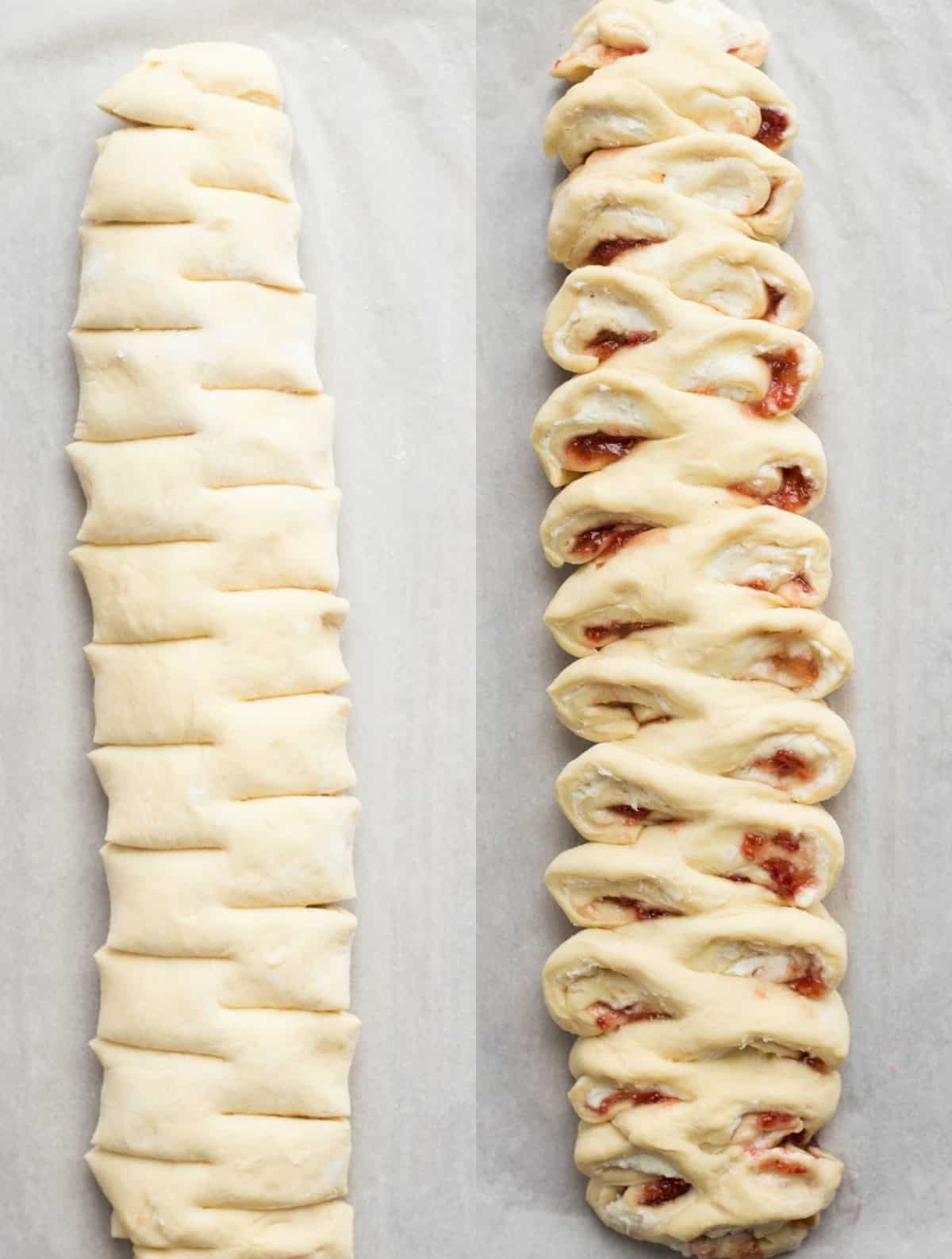 How to form this sweet bread recipe, cutting and arranging the bread with jam and cream cheese.