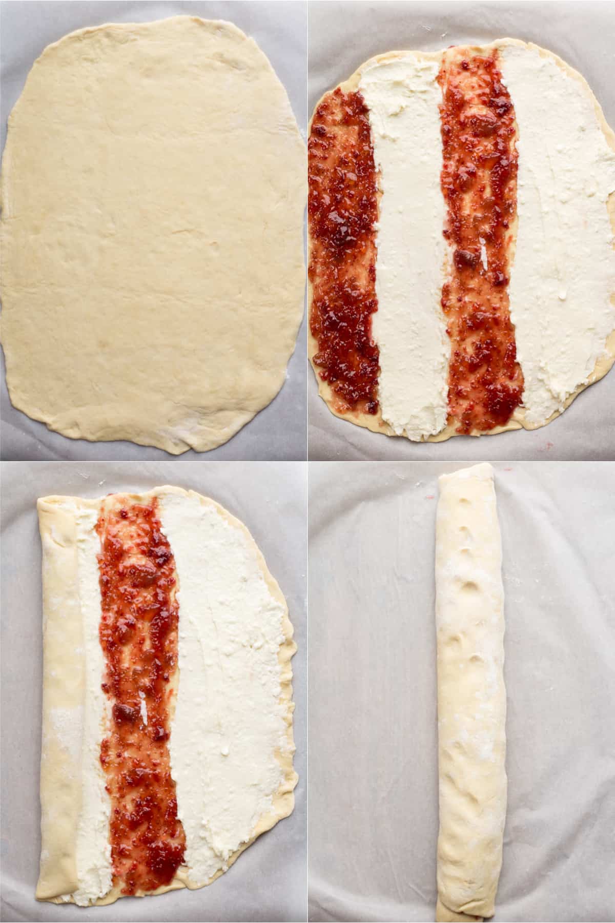 Step by step instructions. How to fill the sweet bread with cream cheese and jam. 