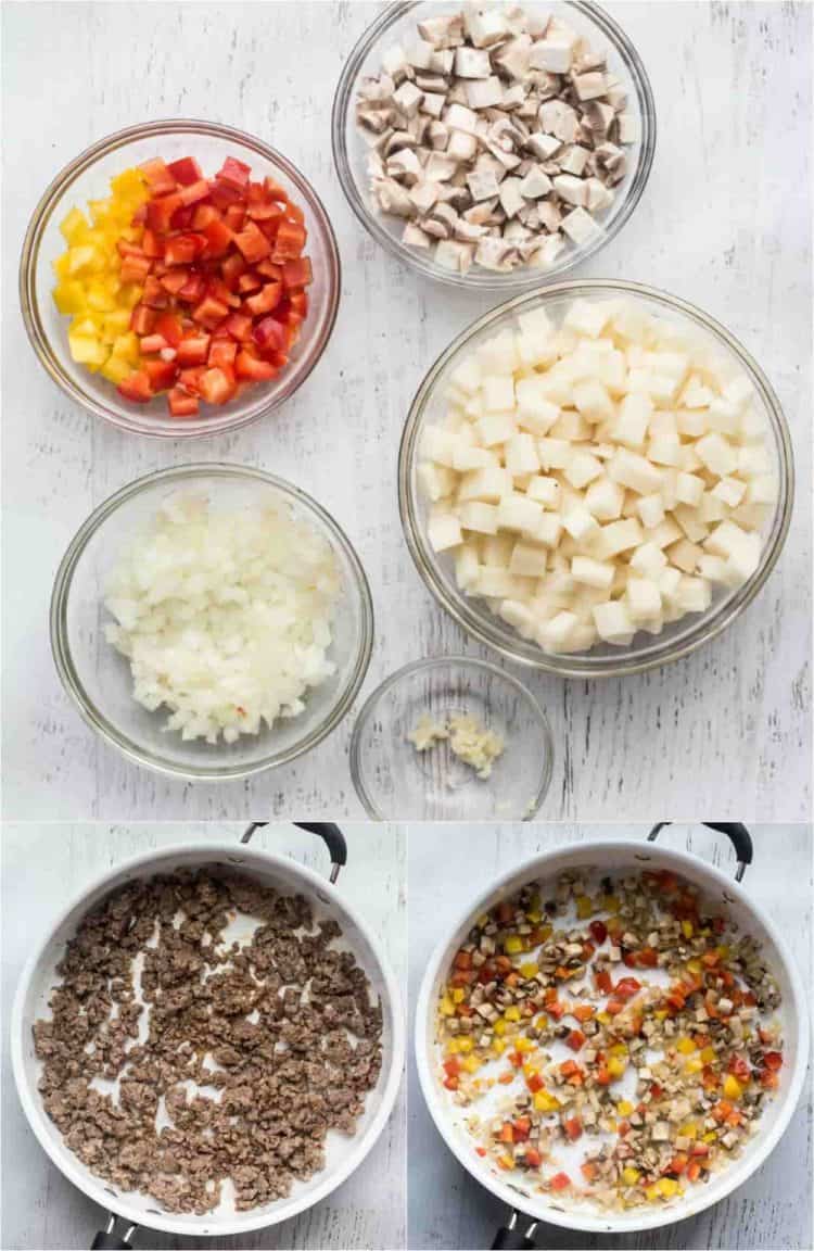 Step by step ingredients on how to prepare the ingredients for this breakfast casserole.
