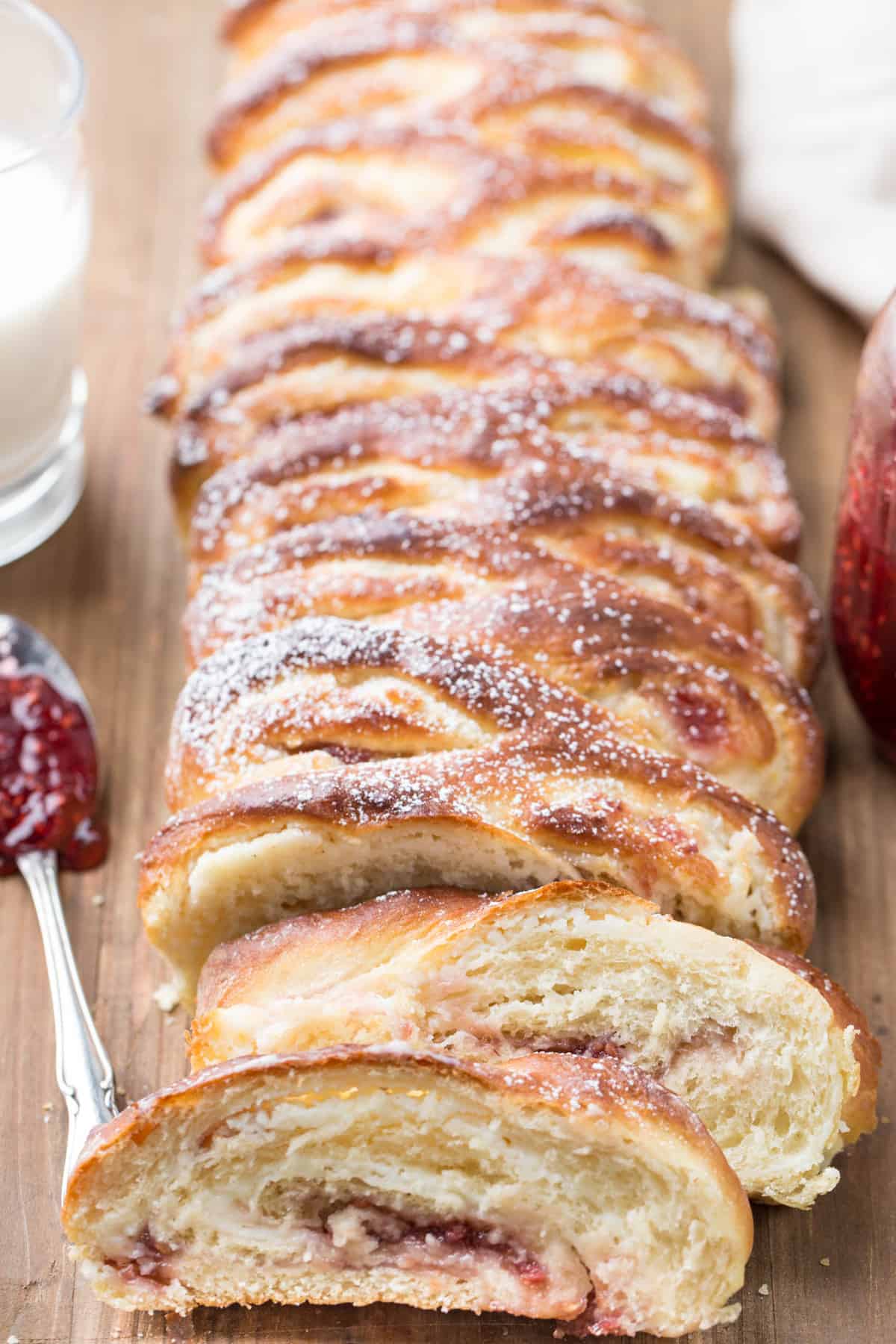 Sweet bread recipe filled with jam and a cream cheese mixture.