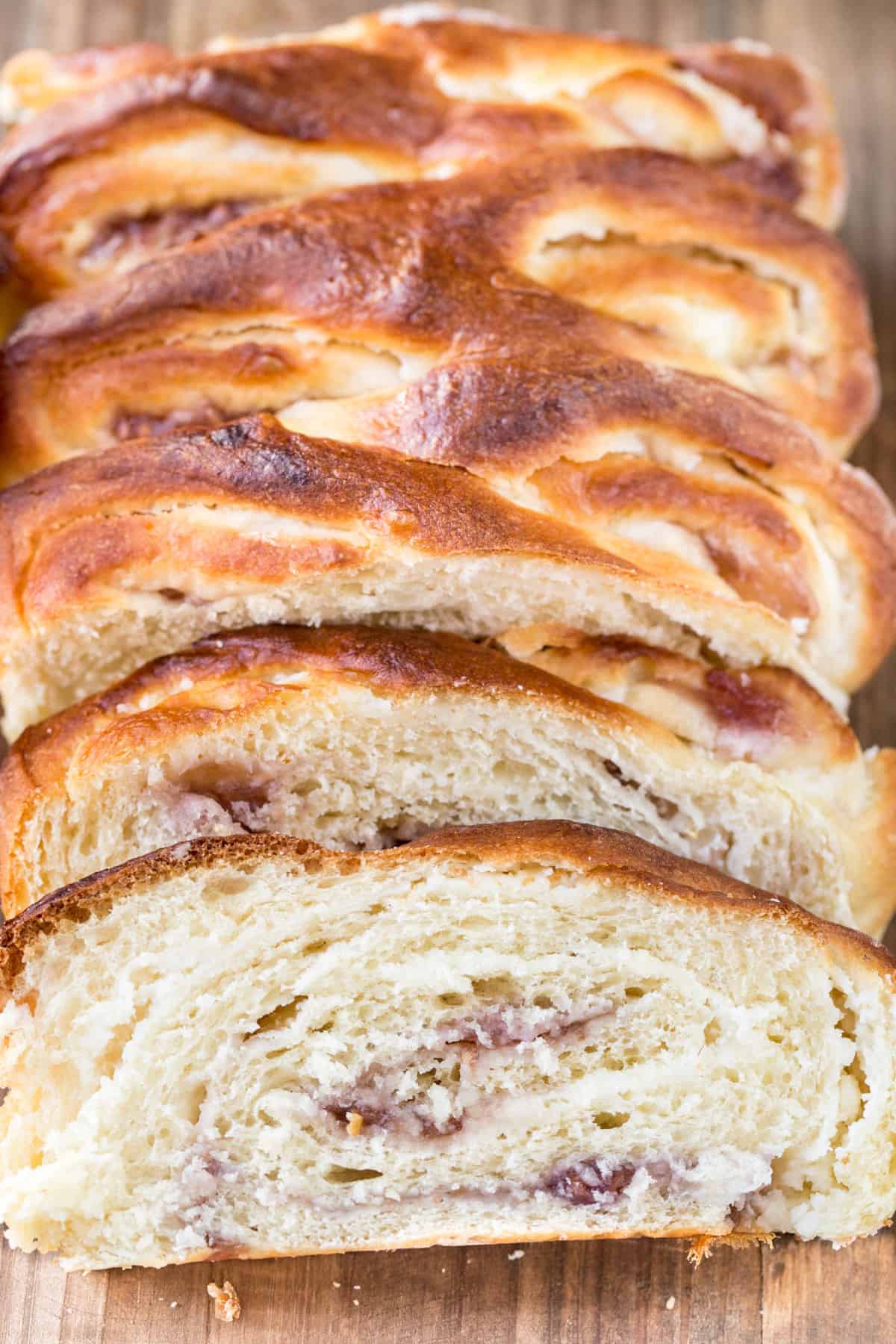 Sliced of Sweet bread recipe with jam and cream cheese inside the bread.