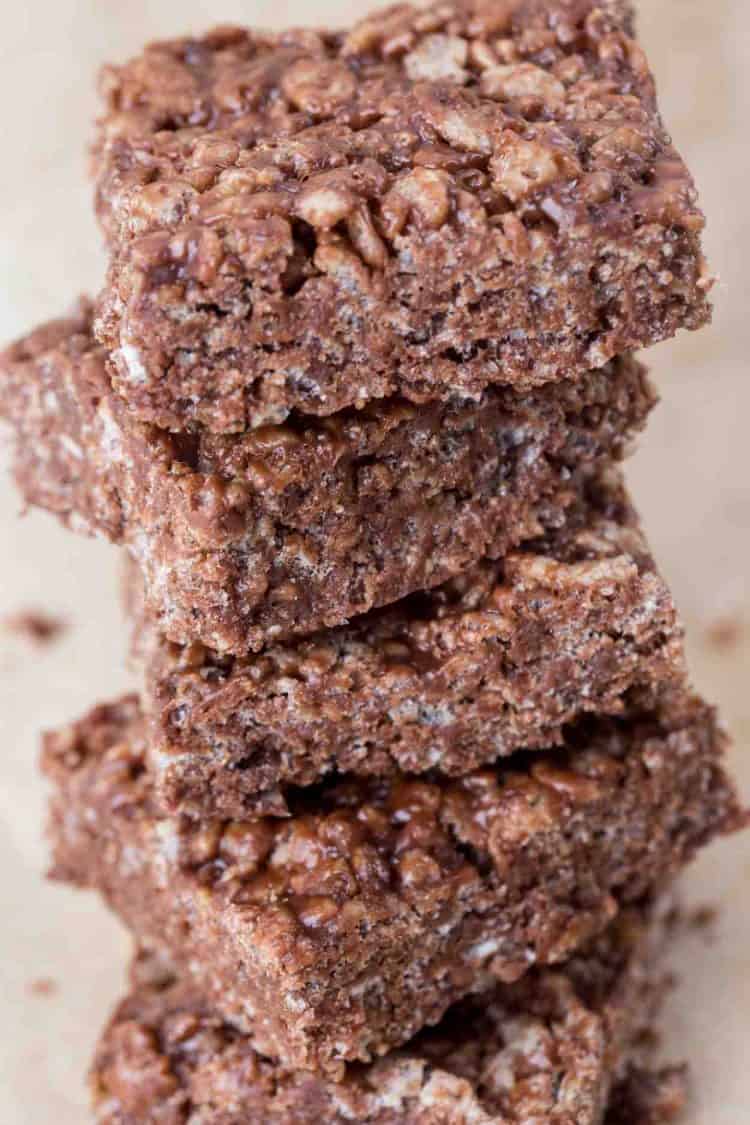 Nutella Rice Krispies Treats bars stacked on top of each other.