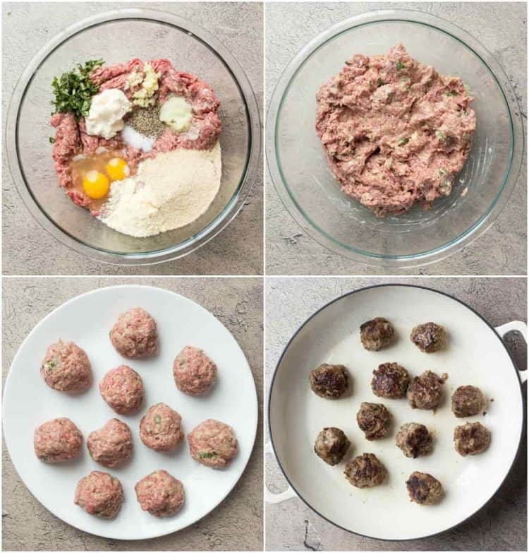 Photo collage for how to make spaghetti and meatballs in a simple homemade tomato sauce.