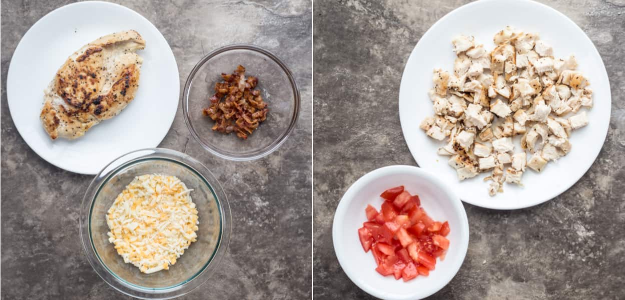 How to prepare toppings for flatbread pizza. Cook and cube chicken, cook bacon, and cube tomatoes. 